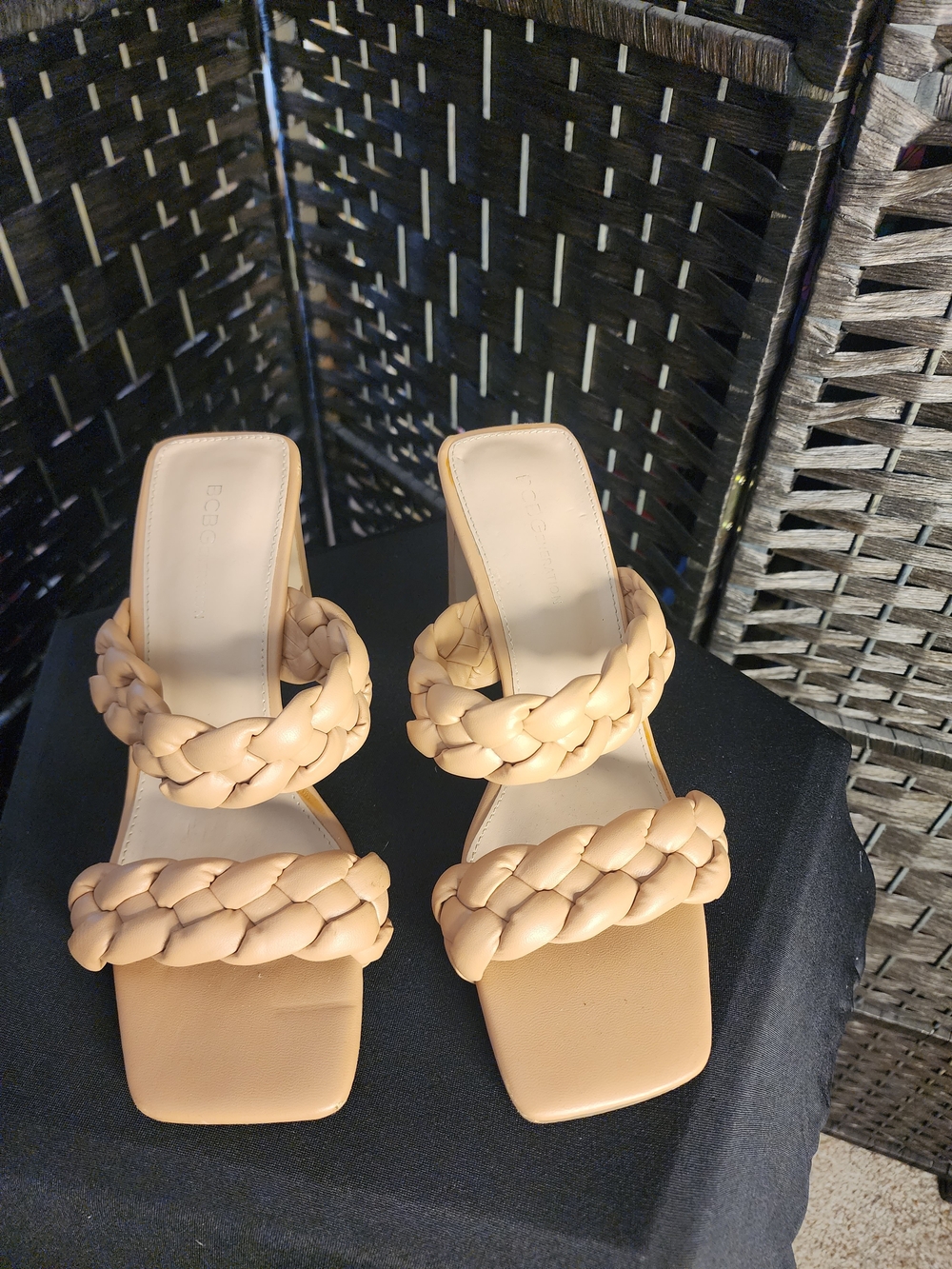 BCBGeneration Braided Double-Strap Nude Block Heel Sandals. (B1)